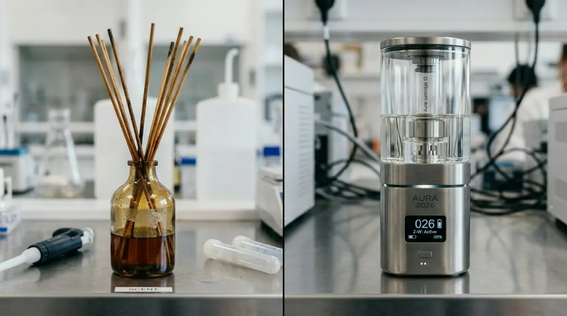 A split-screen view comparing a traditional scent diffuser with a modern 2026 Zero-Waste Cartridge System in a clean, professional laboratory setting.